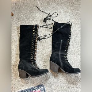 Gently worn Jeffrey Campbell Kandace knee high suede tie up boots